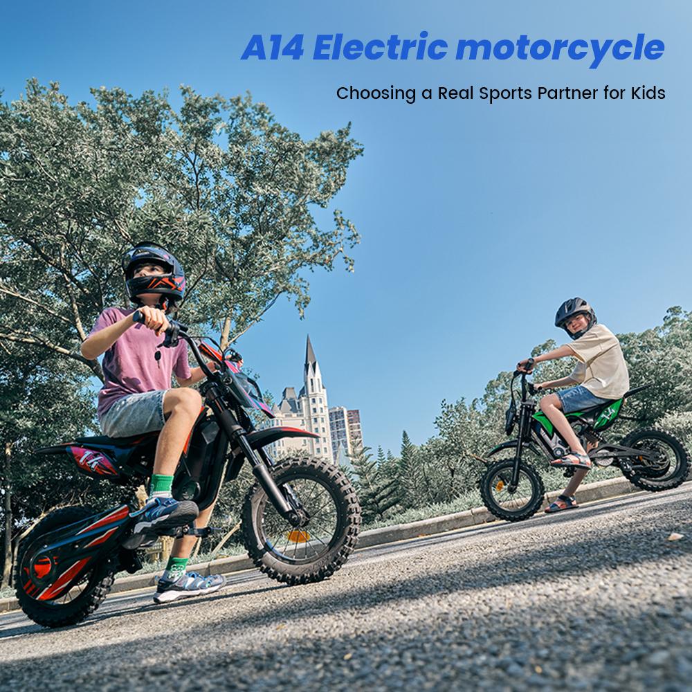 A14 Kids ELECTRIC DIRT BIKE 14 Inch 500W Motor 36V5.2Ah Battery 20-22km Range Shock Absorption, Bluetooth LED Lights