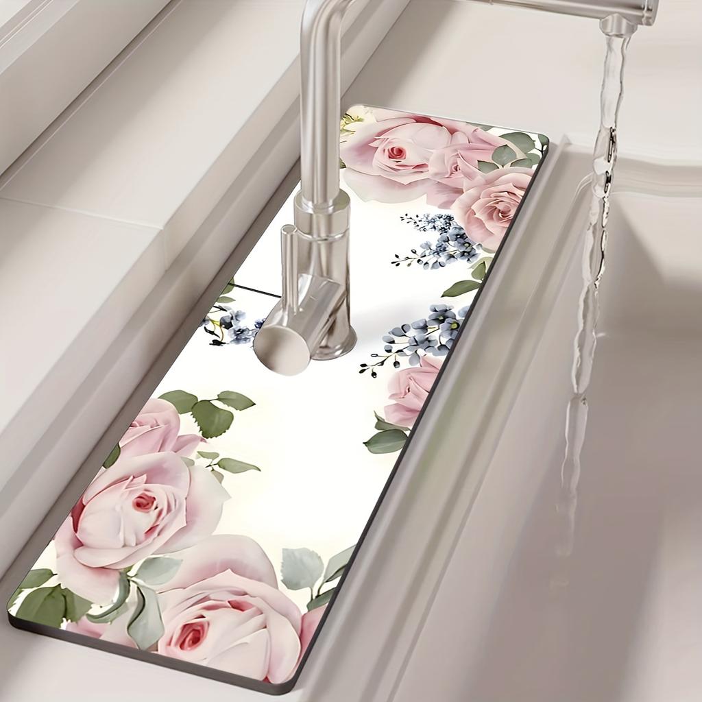 1Pcs Floral Sink Faucet Absorbent Mat, Drainage Pad, Kitchen, Bathroom Sink, Countertop, Drain Pad, Diatomaceous Mud Washbasin, Quick Drying Pad