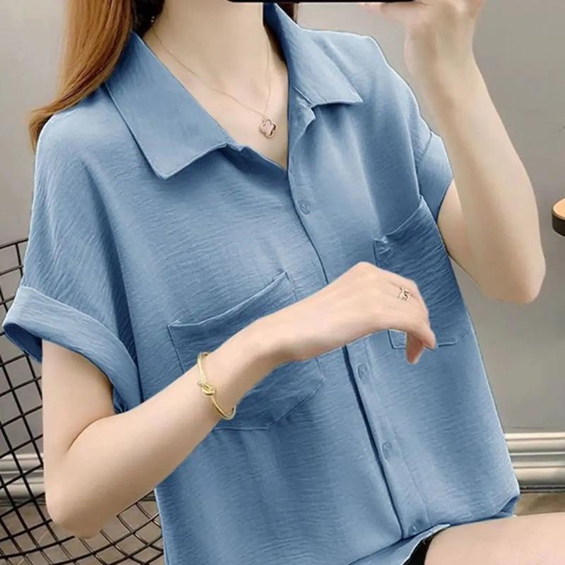 Womens White Lapel Loose Casual Shirt Soft Breathable Daily Wear