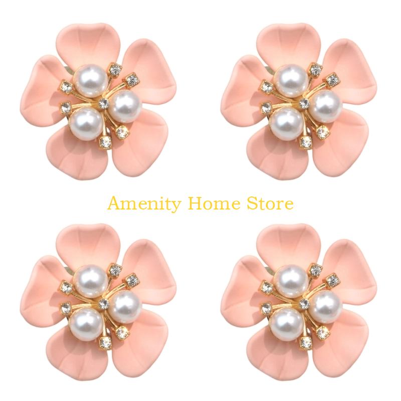 F26C 4Pcs Decorative Shirt Button Covers Pearls Rhinestones Embellished Cufflinks Clips For Shirt Jackets Dress Decoration