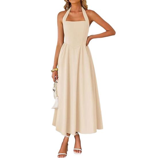 Yousheng Women's Halter Midi Dress, Summer Sleeveless Backless A-Line Long Dress, Square Neck Vacation Beach Sundress