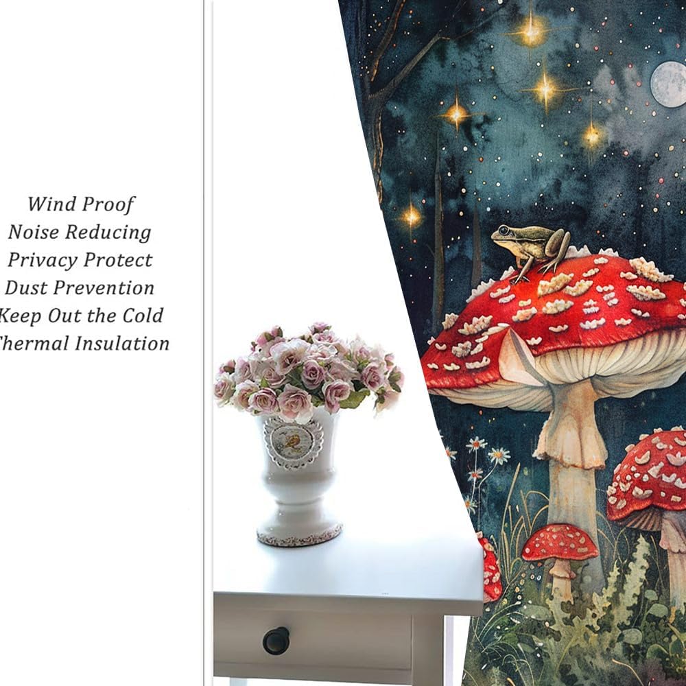 Rustic 70s Mushroom Frog Daisy Blackout Curtains Vintage Watercolor Spring Misty Forest Wildlife Frogs Printed Perforated Curtai