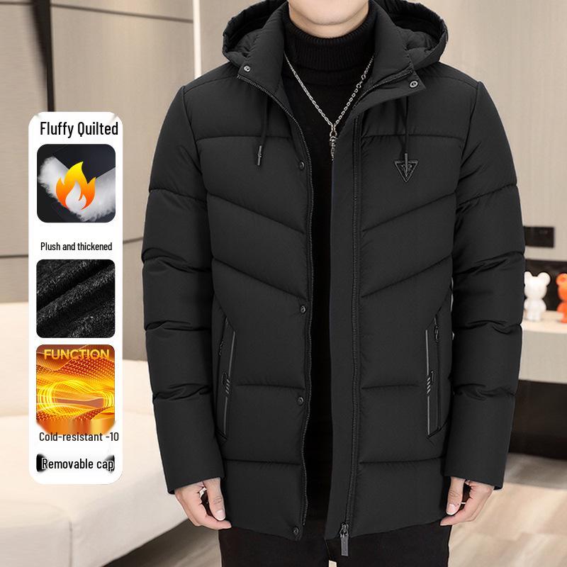 Winter 2025 Men's High Loft Warm Cotton Jacket with Detachable Hood for Middle-Aged and Elderly Business Wear.