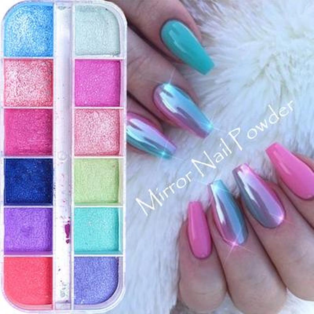 

12 цветов хромированный зеркальный эффект пигмент блестящий порошок супер блестящий дизайн ногтей маникюр украшения 1 set разноцветный