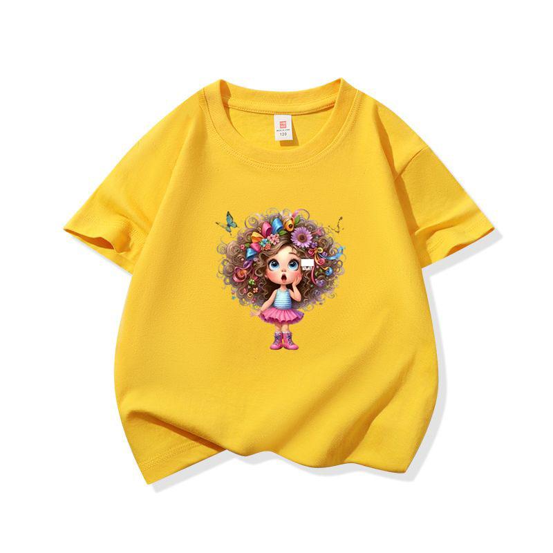 Kids Cotton T Shirt Flower And Butterfly Hair Girl Print Crew Neck Short Sleeve Tee Casual Boys Girls Summer Tops