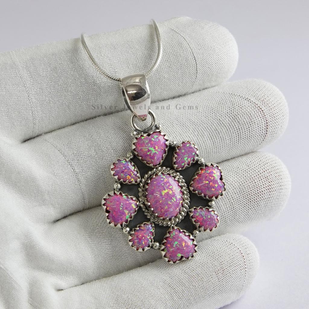 Hot Pink Opal Cluster Pendant, Anniversary Pendant, Heart Shape Multi Stone Pendant, 925 Sterling Silver Pendant, Fire Opal Pendant