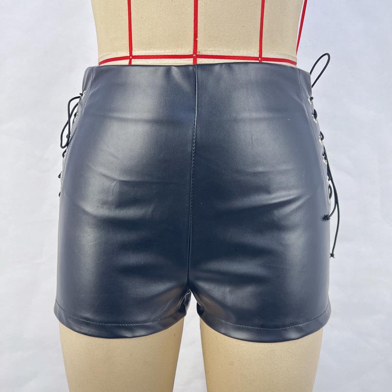 2023 Autumn/Winter Women's High-Waisted Black Faux Leather Shorts - Elastic, Casual, Tight Fit