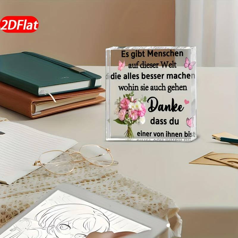 1 German Thank You Plaque - Elegant Gratitude Decor with Floral and Butterfly Patterns, Transparent Acrylic Tabletop Ornament for Birthday