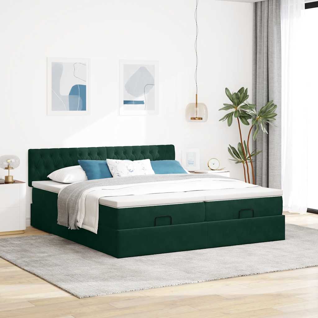 Ottoman Bed with Mattress Dark Green 160x200 Cm Velvet