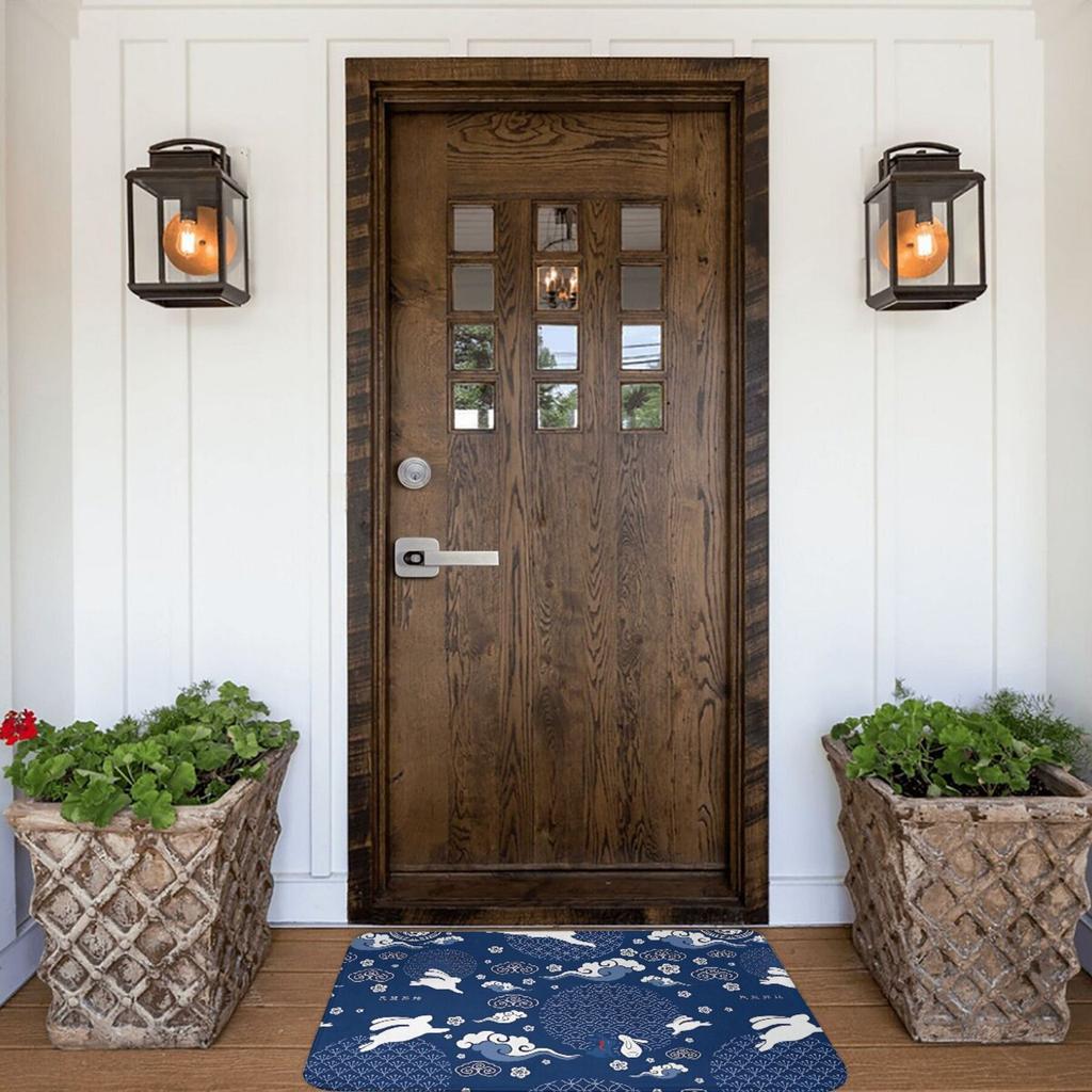 Moon Festival Rabbit Pattern Doormat, Blue White Traditional Cloud Wave Design, Polyester Floor Rug for Entryway Living Room