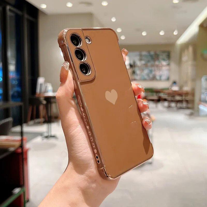 Luxury Plating Case For Samsung Galaxy S22 S23 Ultra S21 S20 FE A52 A53 S22 Plus A13 A54 A14 Love Heart Side Pattern Phone Cover