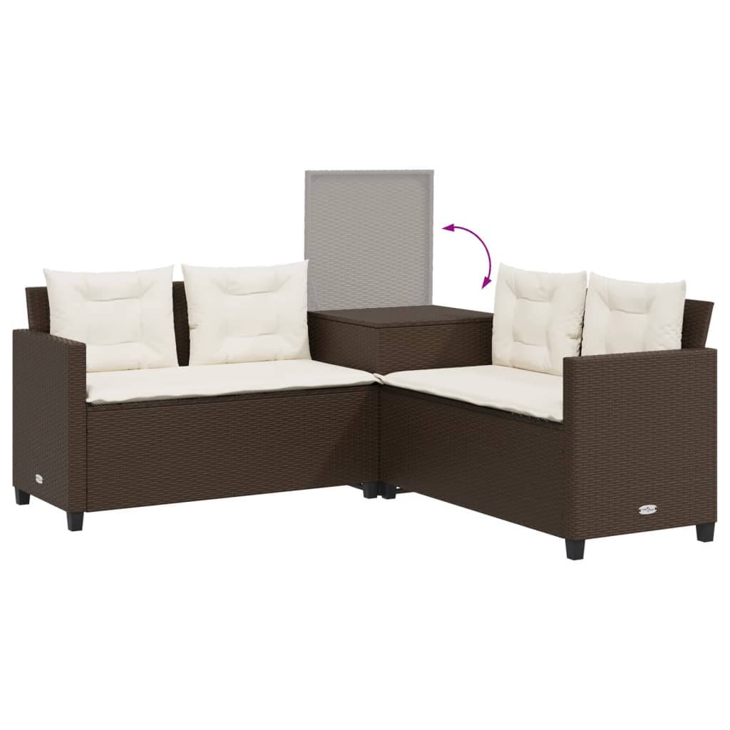 L Shaped Garden Sofa with Table and Cushions Brown Poly Rattan