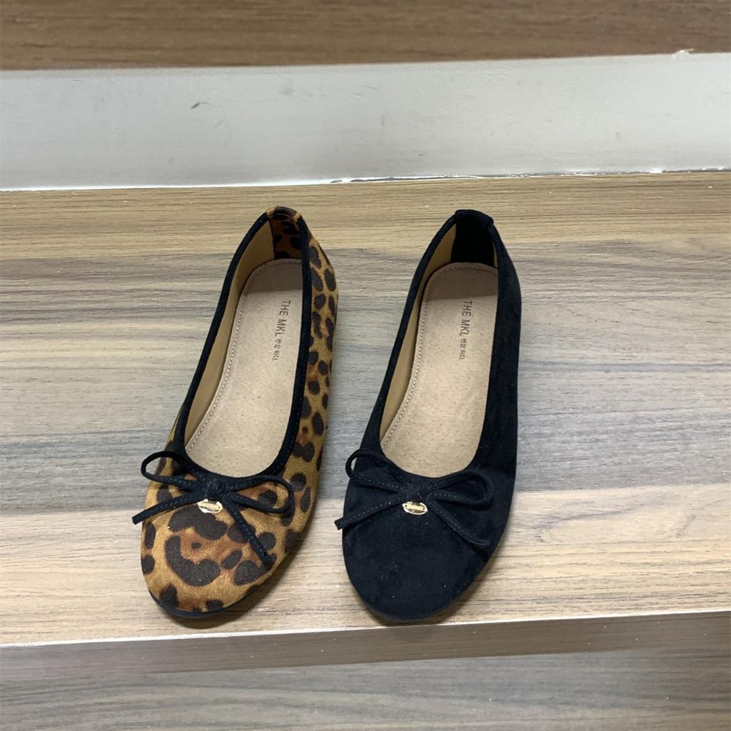 Inner Height Increase Retro Suede Round Head Ballet Single Shoes Women's Shoes 2025 New Autumn Leopard Print Bow Evening Shoes