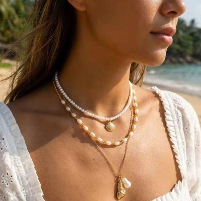 Multilayer Shell Starfish Pendant Necklace for Women Fashion Conch Imitation Pearl Rice Beads Chain Beach Party Jewelry Gift