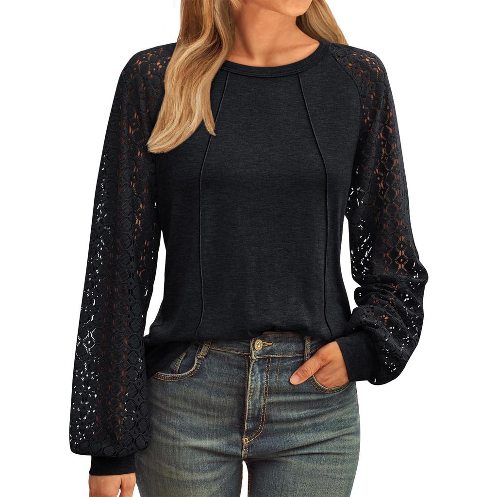 Women's Solid Color Lace Patchwork Round Neck Long Sleeved T-shirt Loose Top