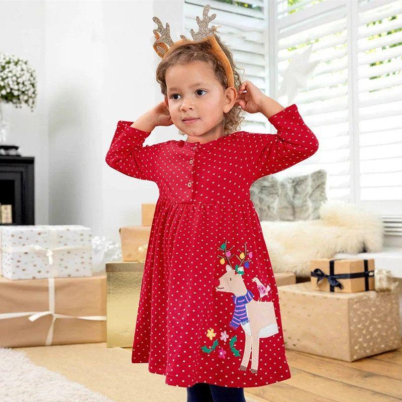 25 New Autumn Outfits for Girls, Red Christmas Deer Long-Sleeve Dress, Baby Pure Cotton Autumn Toddler T-Shirt Princess Dress 6