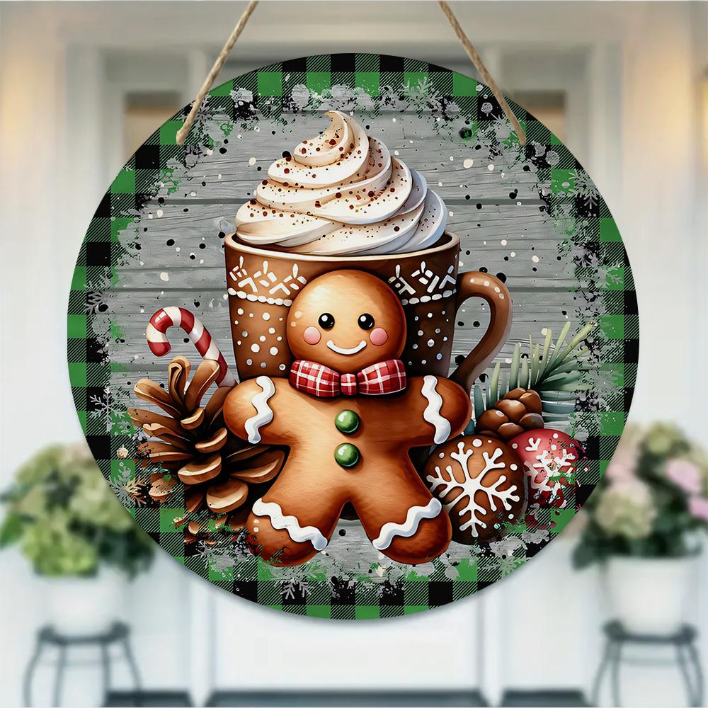 Gingerbread man cocoa mug farmhouse sign Round Wooden Hanging Plaque seasonal wall art rustic buffalo plaid home holiday decoration