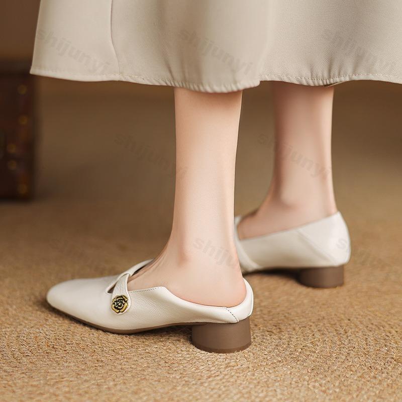Retro Women High Heels Casual Soft Sole Square Toe Slip on Shoes Elegant Medium Heel Women's Shoes Lightweight Loafers Shoes
