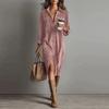 Vintage Women's Dress Spring Summer Office Lady Solid Corduroy Long Sleeve Lapel Shirt Loose Maxi Dresses for Women