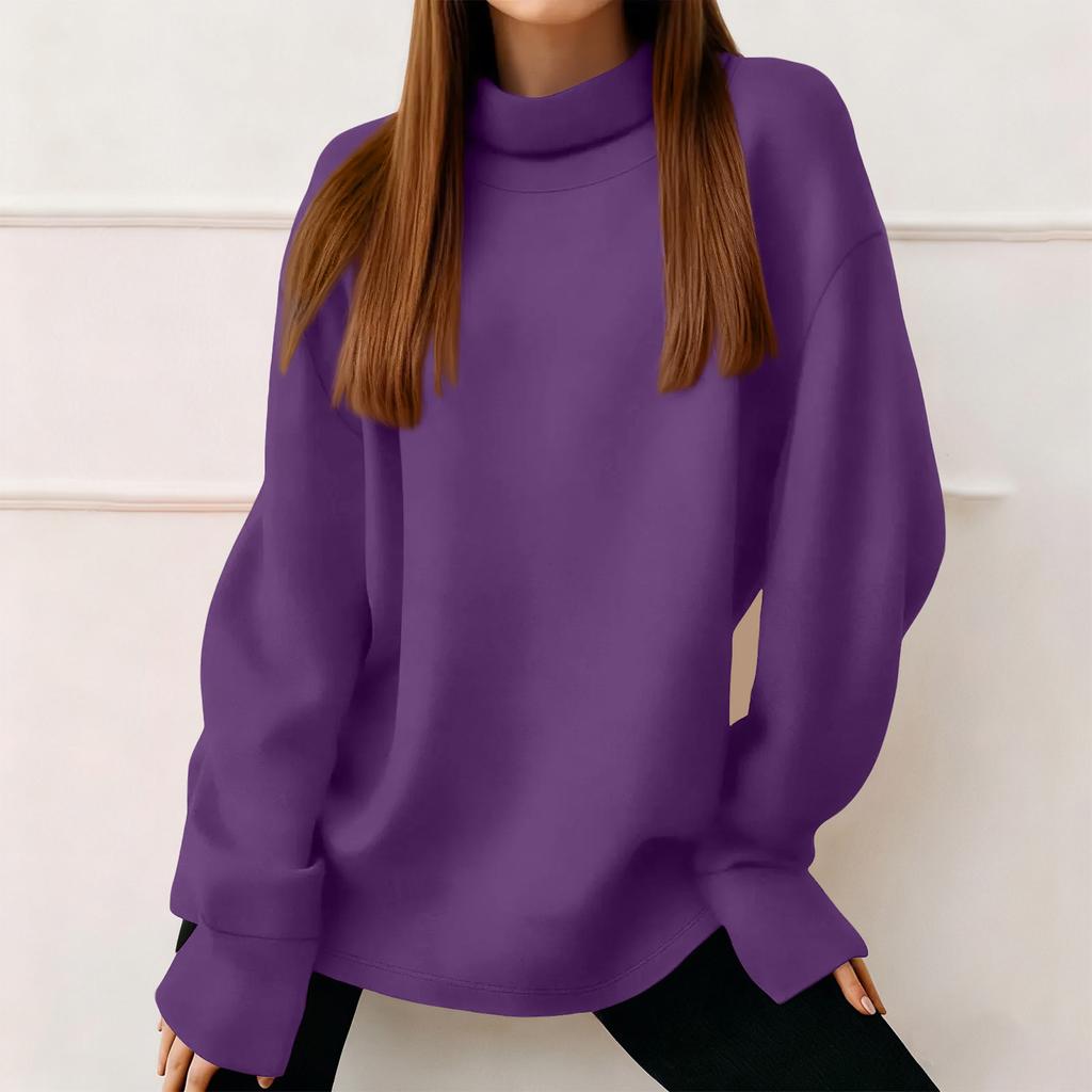 Women's Fashion Solid Color Long Sleeved Round Neck Pullover Casual Sweatshirt Top