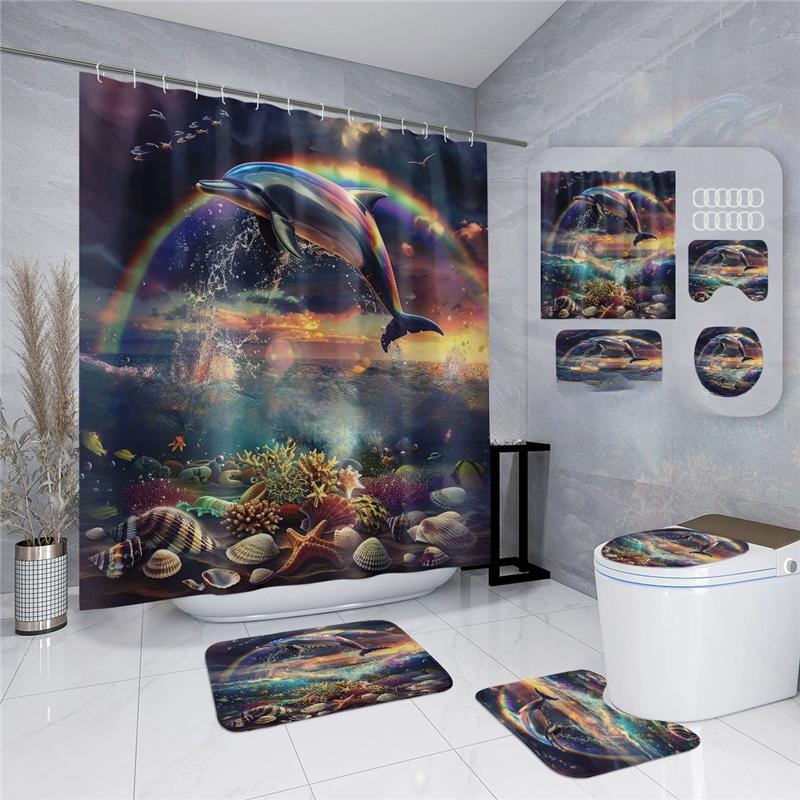 18 Colors 4Piece Marine Style Dolphin Waterproof Shower Curtain Set Anti-slip Mat Base Carpet Toilet Cover Pad Bathroom Kit