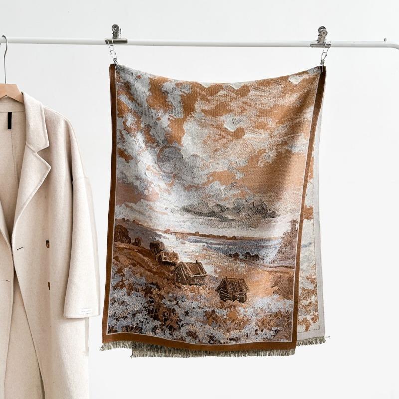 Autumn and winter new double-sided color oil painting series imitation cashmere thickened warm scarf women's air conditioner shawl