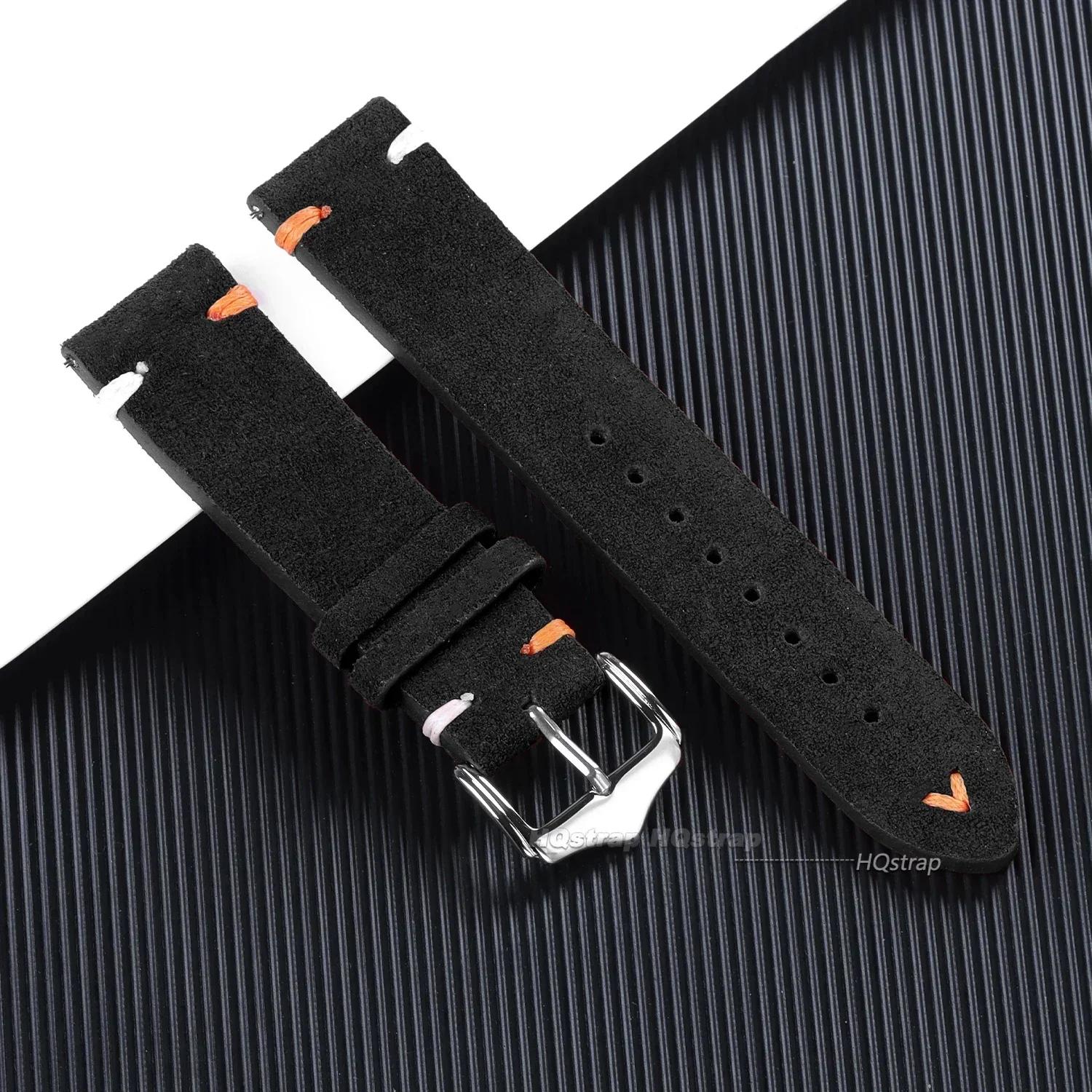 

18mm 20mm 22mm Vintage Suede Leather Watch Strap for Seiko for Samsung Watch 5 4 3 Handmade Stitching Quick Release Bracelet 22mm&steel buckle чорний