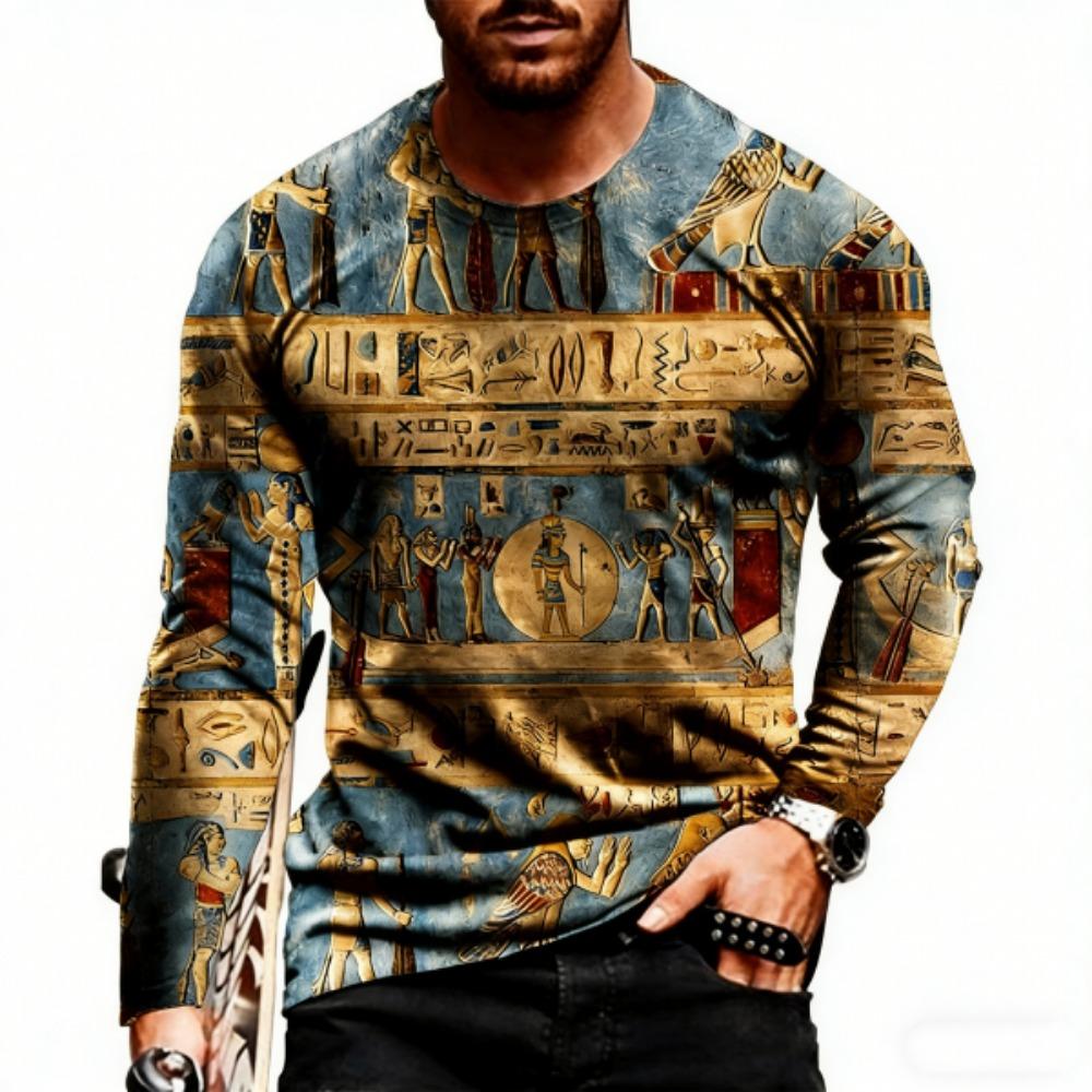 Spring Europe America Men's T-shirt Fashion Hieroglyphs Print Pullover Comfortable Men's Long Sleeve T-shirt Outdoor Oversized Tees Top