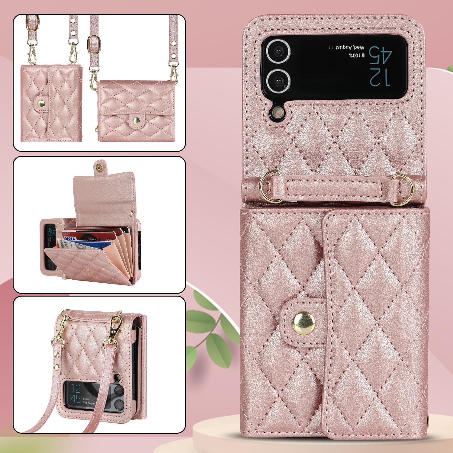 

ZFlip7 Crossbody Strap Phone Case for Samsung Galaxy Z Flip 7 6 5 4 3 Flip Metal Buckle Card Holder Wallet Pu Leather Hard Cover Galaxy Z Flip7 розового золота