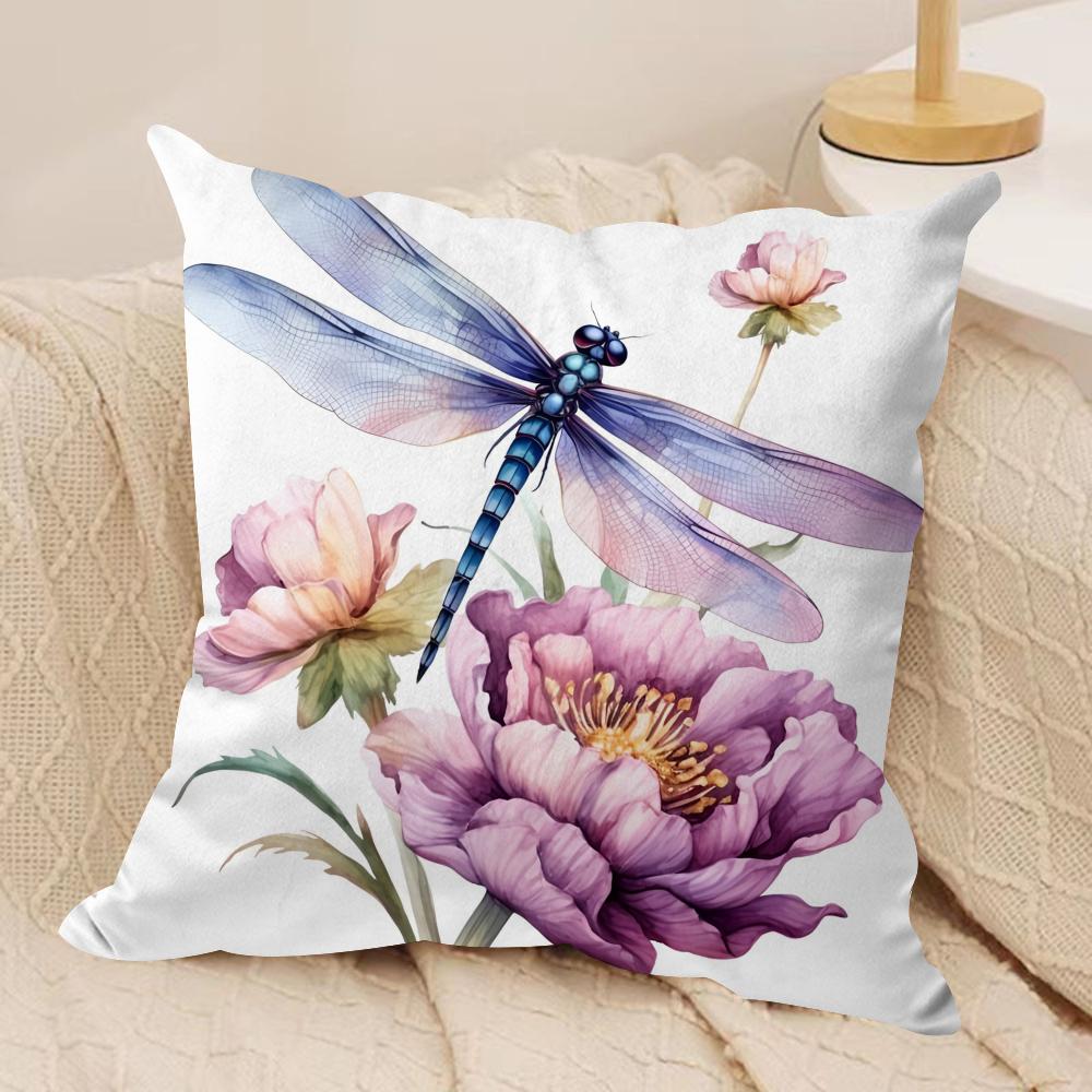 Watercolor Dragonfly and flower Cushion Cover Short plush Doublesided Print Square Throw Pillow Covers Sofa Home Cushion Decor