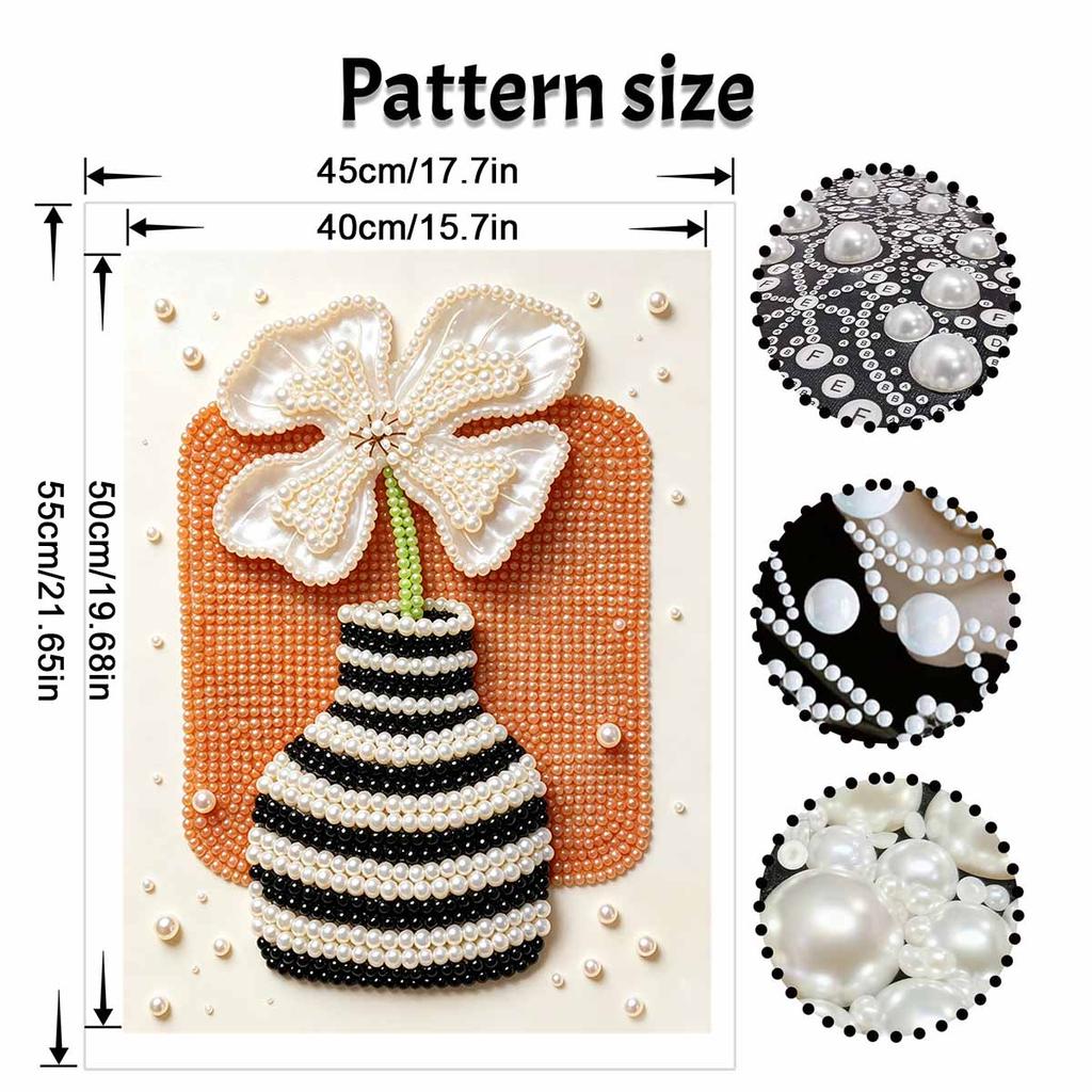 Easy DIY Framed Pearl Bead Painting Kit with Flower in Striped Vase 3D Sparkling Canvas Art for Home Decoration Gift Idea for Adults