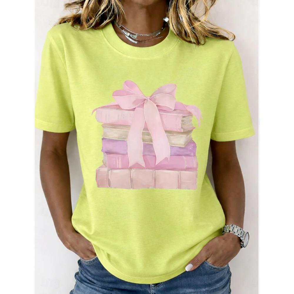 Fashion Women Retro Creative Pink Bow Book Print T Shirt Funny Casual O-neck Short Sleeves T-shirt Summer Female Tee Shirt