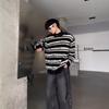 Niche Trendy Brand Black and White Striped Design Sweater for Men In Autumn and Winter Loose Soft and Waxy Lazy Style Round Neck Sweater