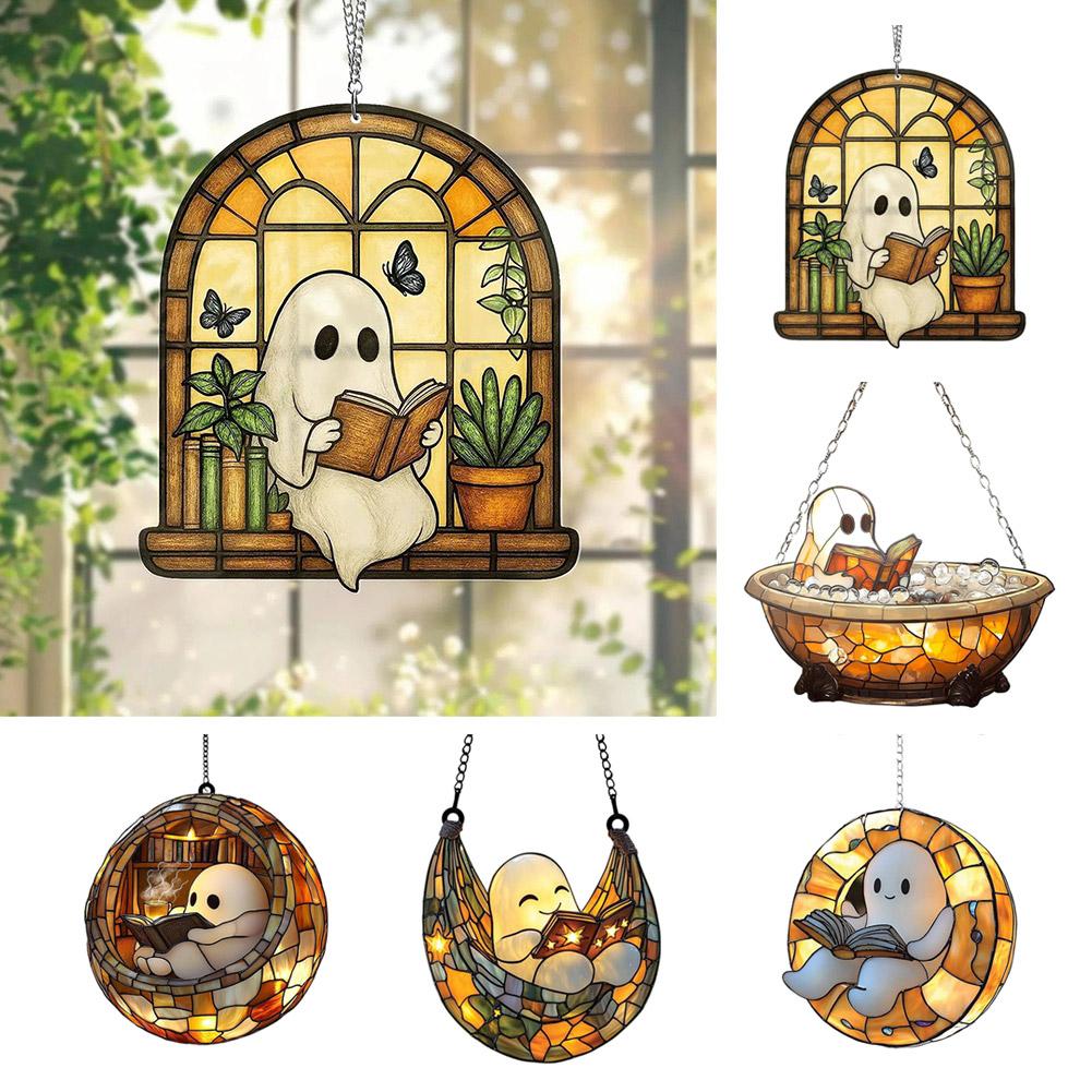 Acrylic Halloween Ghost in Bathtub Window Hanging Ornament Cute Ghost Reading Book Decor Home Bedroom Living Room Decorations
