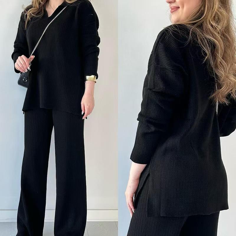 Autumn and Winter Fashion Solid Color Loose Hem Split Knitted Sweater Two-piece Set Women