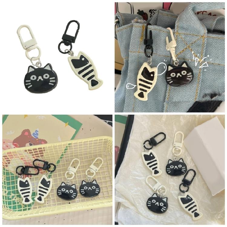 Black White Feline and Fish Key Chain Charm Accessories Pet Themed Keyring Bag Pendant Handmade Gift for Cat Lovers