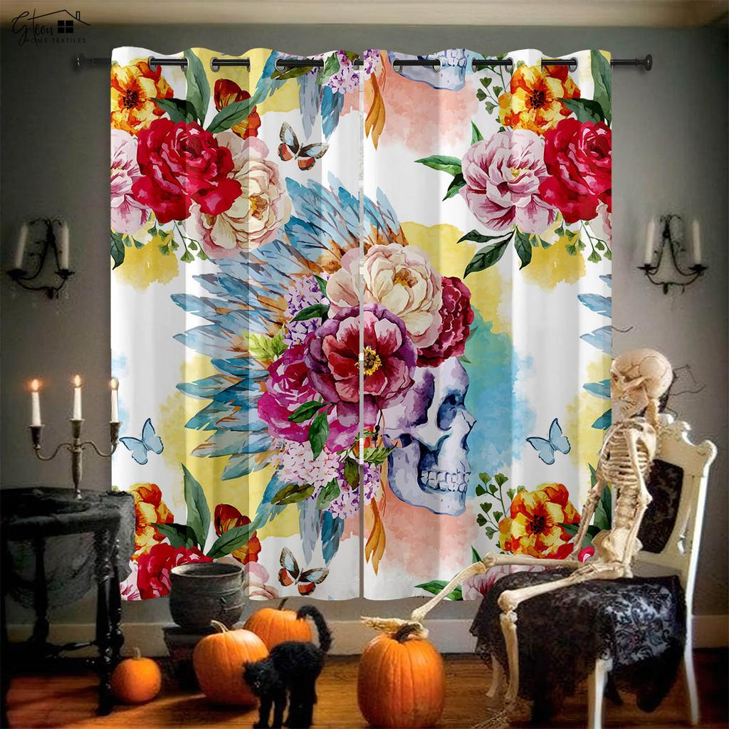 Skull Rose Curtains Retro Tricky Dark Ins Secret Room Bar Bedroom Halloween Christmas Holiday Decoration Curtains 2PCS