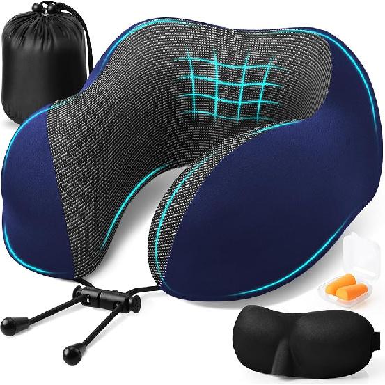 Travel Pillow, Travel Pillows for Sleeping Airplane, Removable Cover Neck Pillow with Adjustable Clasp, Memory Foam Neck Pillow Set with Eye Mask,