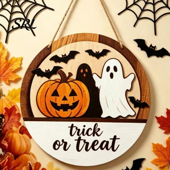 Solid Wood Door Plaque Halloween Layered Round Hanger, 3D Pumpkin Ghost Owl Welcome Sign, Fall Party Decorations Farmhouse Front Wall Hanging