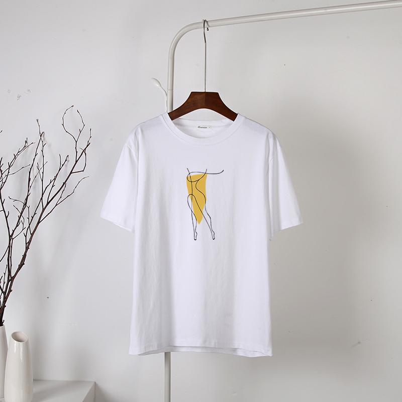Hirsionsan New Summer Simple Printed T Shirt Women Harajuku Kawaii Loose Clothes Abstract Graphic White Tees Soft Cotton Female Tops