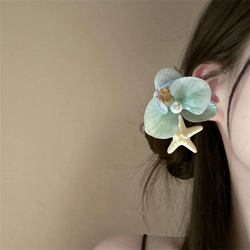 Sweet Orchid Flower Hairpin for Women Pearl Resin Starfish Hair Clip Seaside Headwear Bohemian Side Clip Y2K Hair Accessories