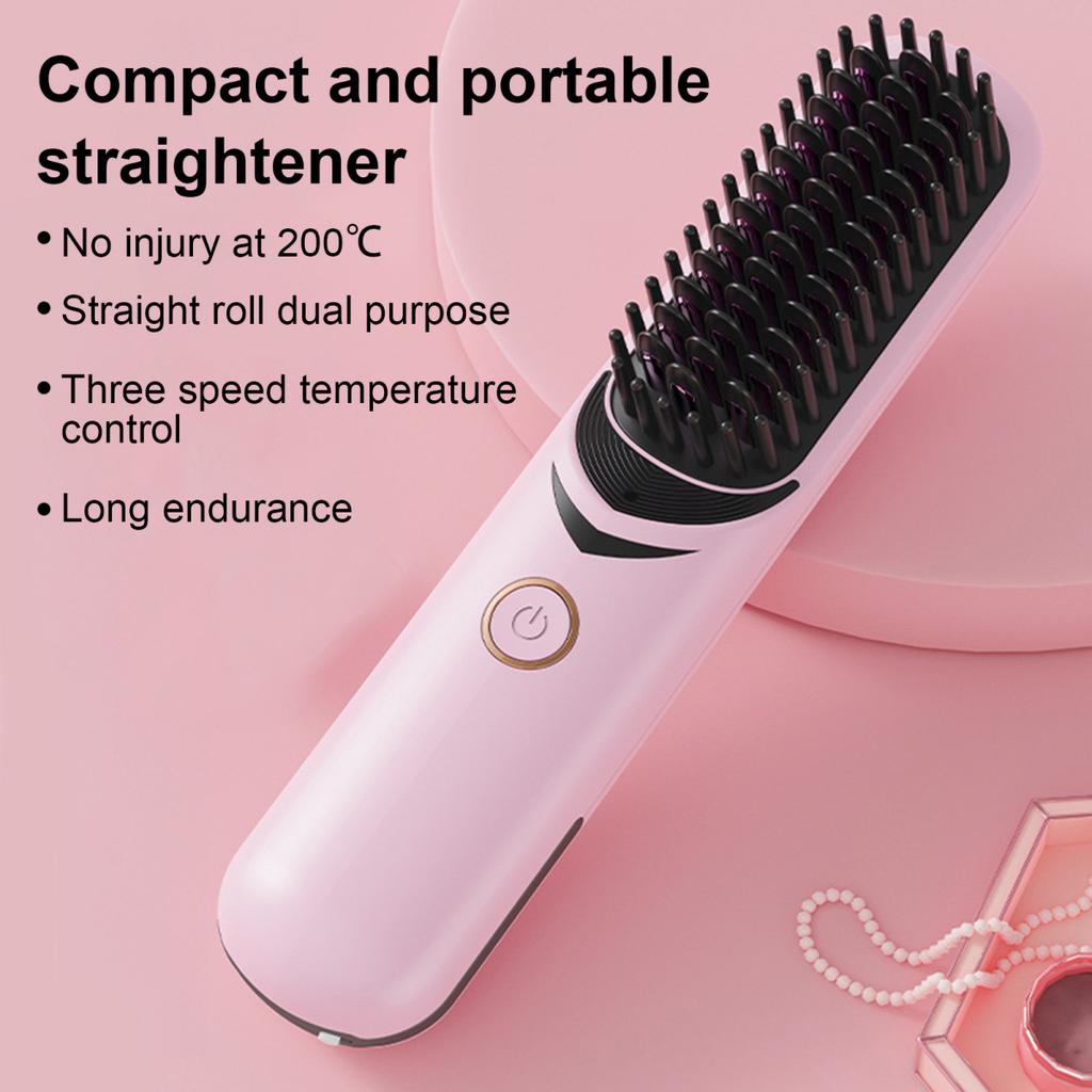 Cordless Hair Straightener Brush 3 Temp Adjustable Fast Heating Portable Travel Negative Ion Hot Brush Electric Curly Hair Styling Detangling Comb