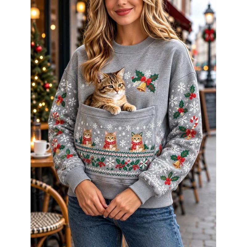 Christmas Cat Pocket Print Sweatshirt Retro Long Sleeve Top Holiday