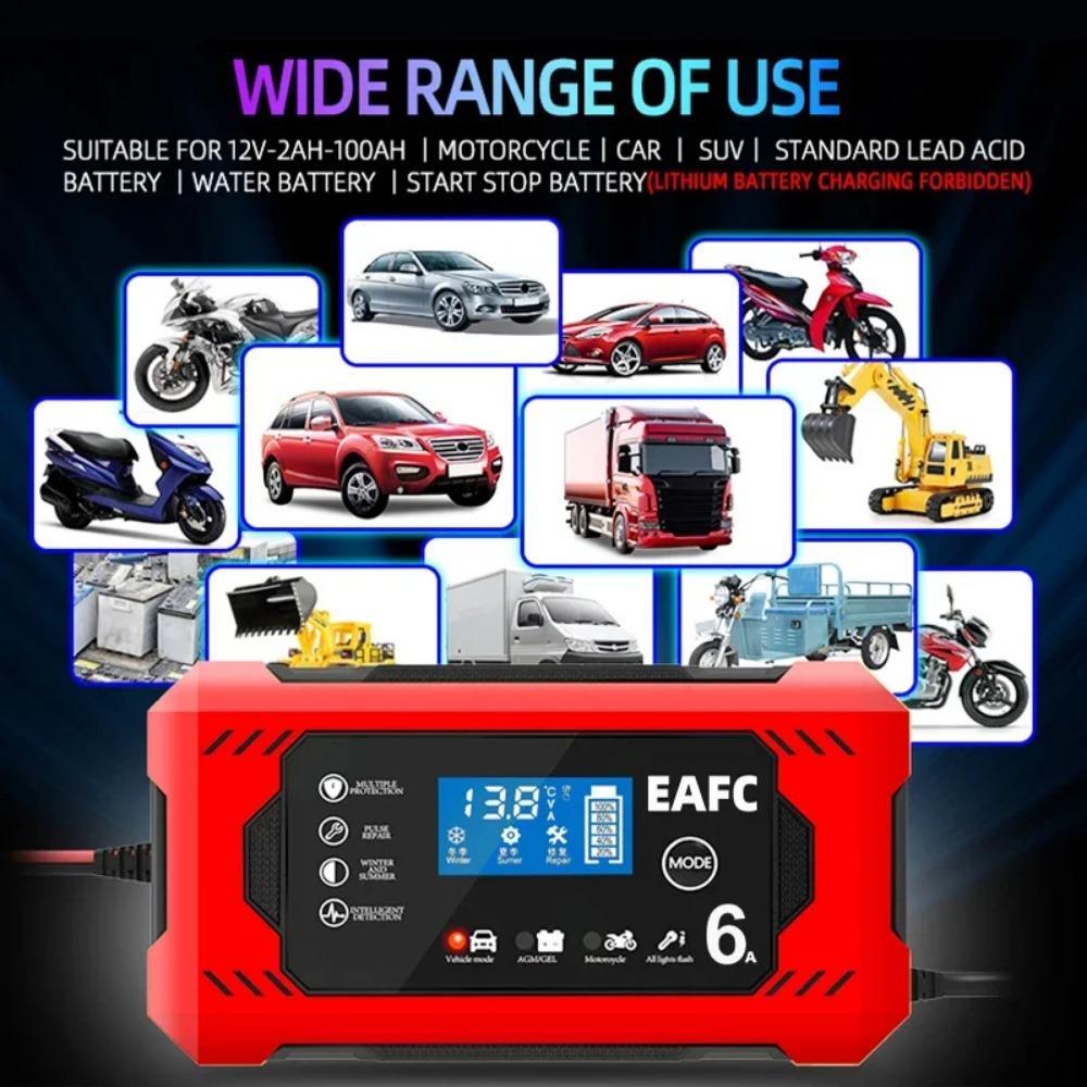 For Car Start Assist Smart Charger Pulse Repair Car Battery Charger 6A 12V Smart Battery Charger with LCD Touch Screen Display