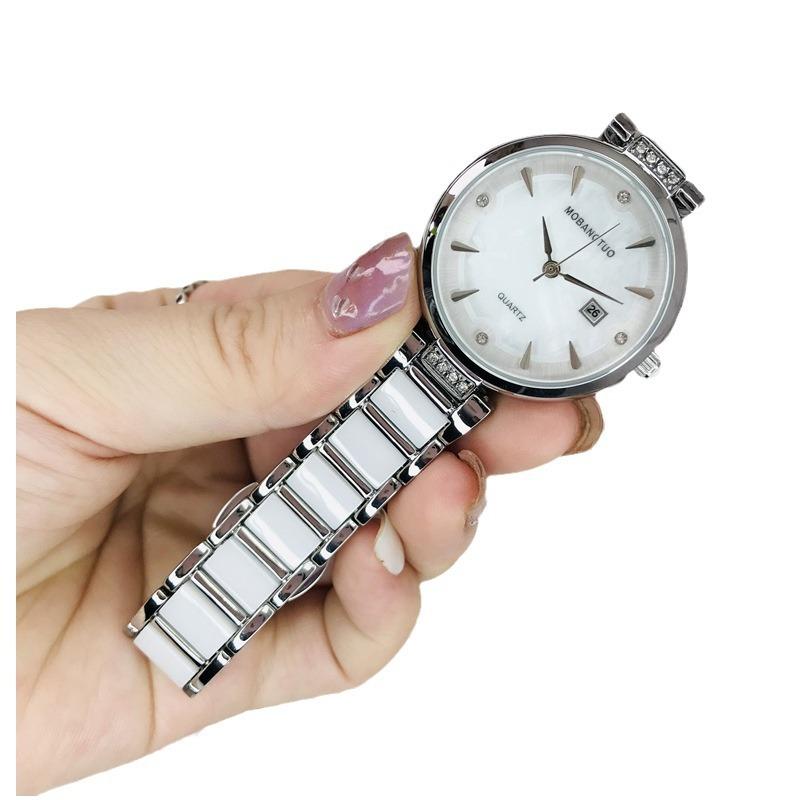 White Ceramic Women'S Watch Women'S Simple Fritillary Face Calendar Fashionable High-End Niche Light Luxury Women'S Watch