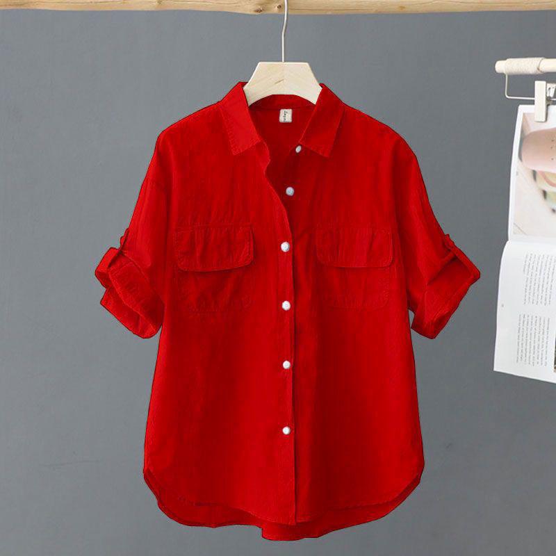 2025 Sommer Damen Koreanischer Stil Schlankmachend Reine Baumwolle Kurzarmhemd