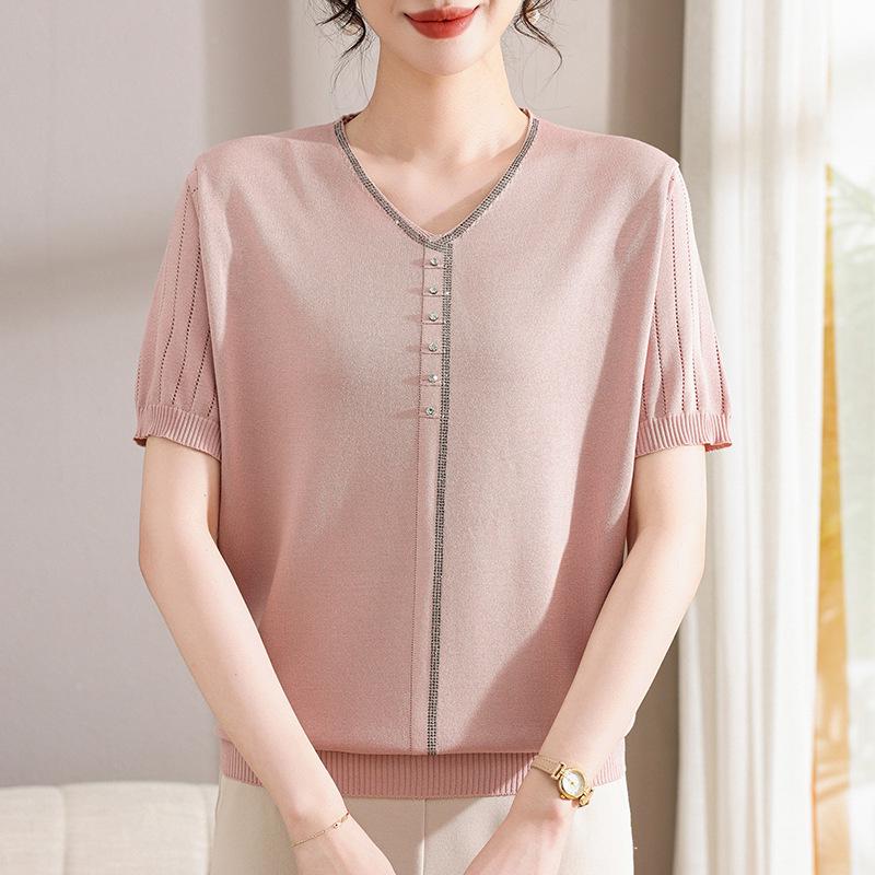 

Stylish V-Neck Knit Top for Middle-Aged & Elderly Women - 2026 Summer Collection 3XL (135-155 jin)