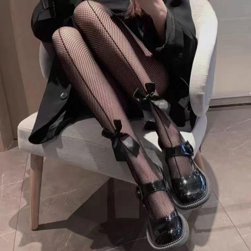 Women Sexy Lolita Bowknot Hollow Out Fishnet Pantyhose Japanese Jk Style Tights