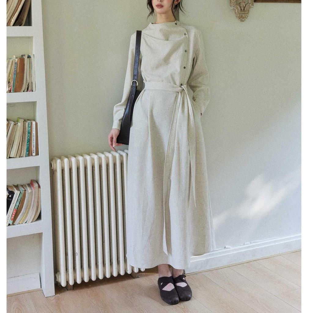 Two Sheep Twilight Linen Long Sleeve Dress: Women's Draped Waist Apricot Cotton