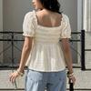 New Soft and Girlish Style Solid-color V-neck Jacquard Pleated Puff-sleeve Top